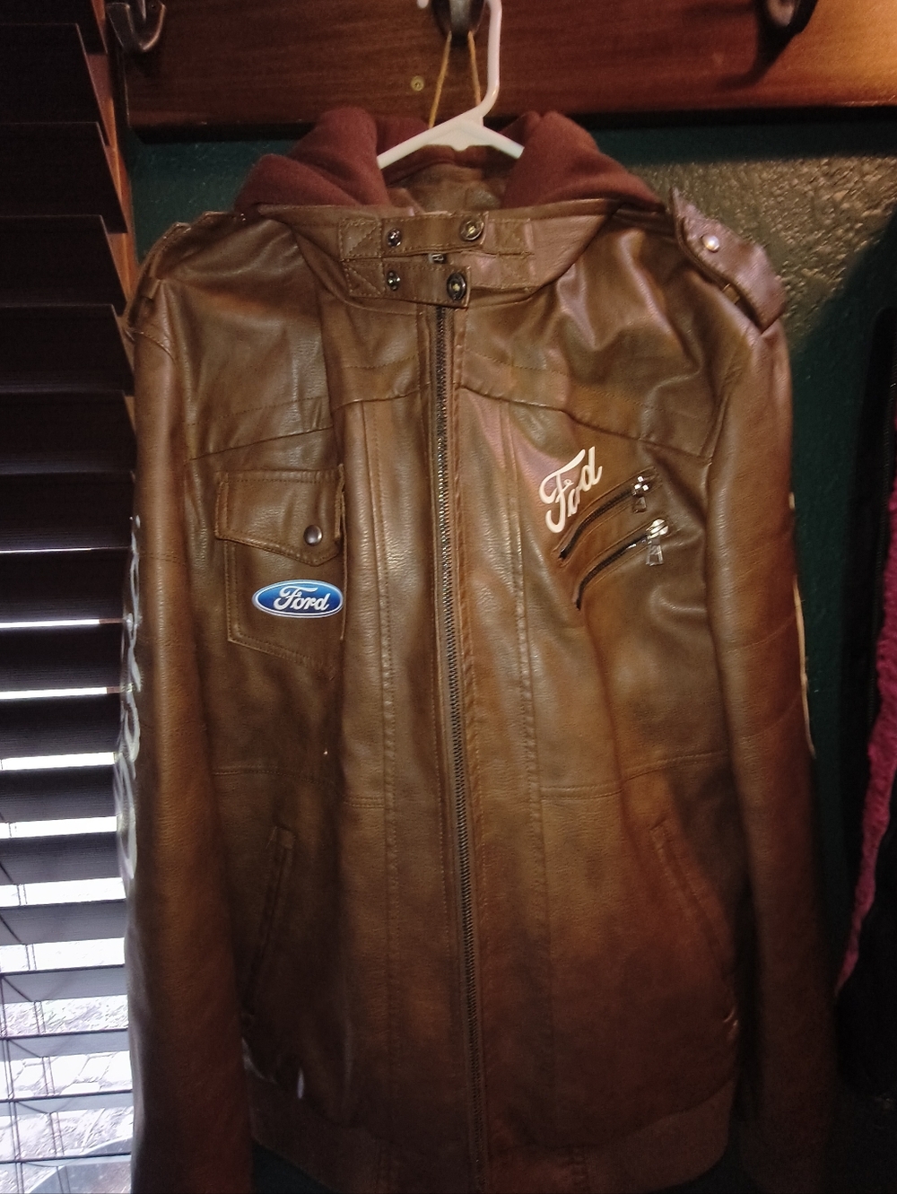 Woman's Brown Hooded Faux Leather Jacket with Ford Patch - Picture 8 of 14